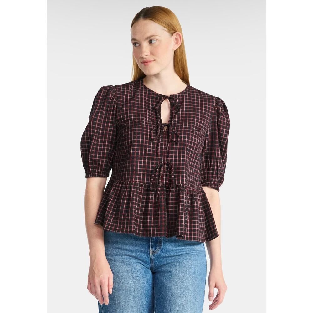 Time and Tru Women's Tie Front Peplum Top with Short Puff Sleeves Split neckline